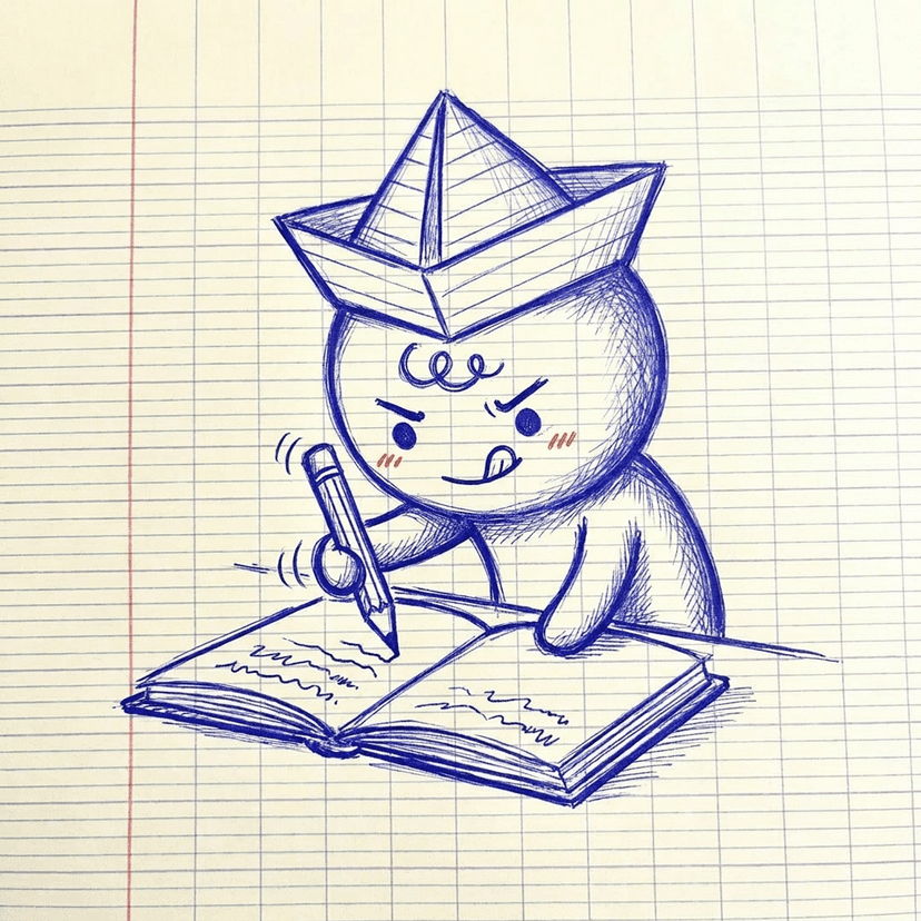 Moi, the mentorMoi mascot — a doodle schoolkid with a paper-boat hat, writing intently in an exercise book